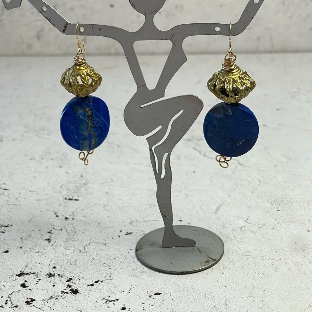Artisan Blue and Gold Lapis Lazuli Dangle Earrings. - Picture 2 of 6